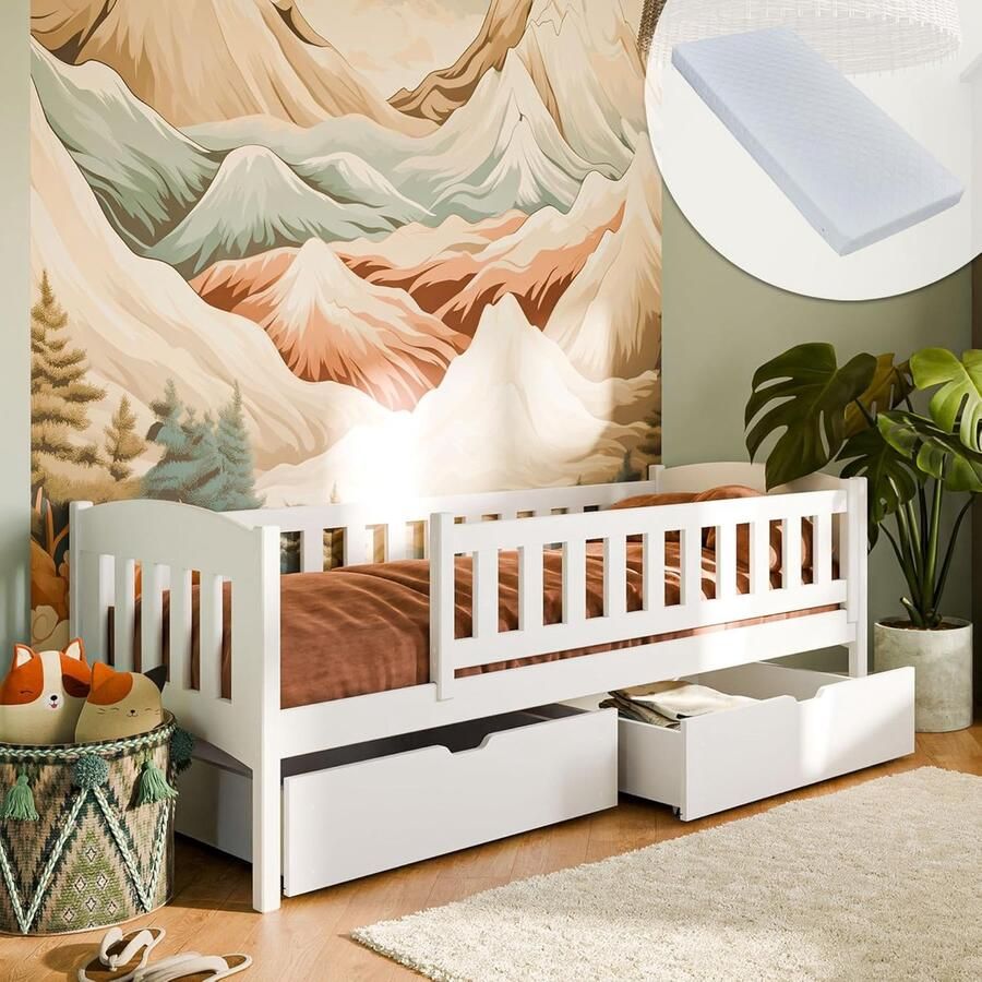 Kids Collective Kinderbed eenpersoonsbed 90x200 met matras twee lades valbeveiliging lattenbodem van massief hout in wit functioneel bed jeugdbed verkrijgbaar in vier kleuren