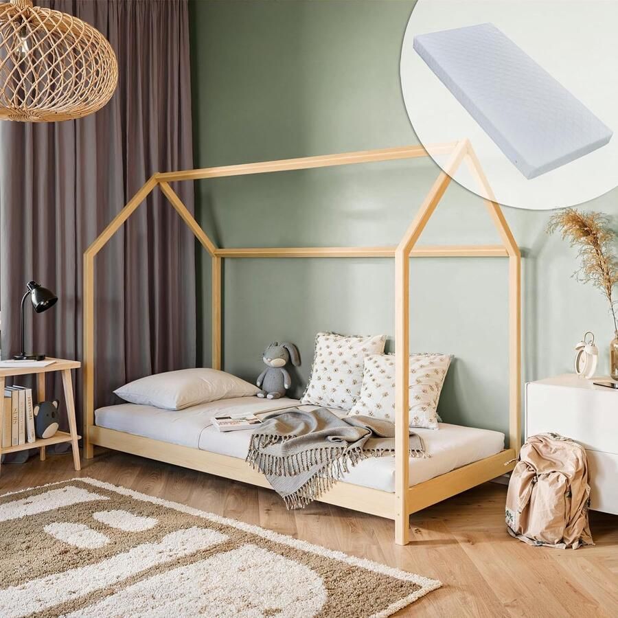 Kids Collective Kinderbed huisbed 90x200 cm met matras valbeveiliging en lattenbodem in naturel Meisjes Jongens Bed Jeugdbed Eenpersoonsbed 200x90 cm