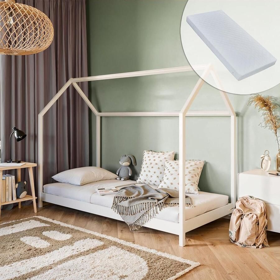 Kids Collective Kinderbed huisbed 90x200 cm met matras valbeveiliging en lattenbodem in wit Meisjes Jongens Bed Jeugdbed Eenpersoonsbed 200x90 cm