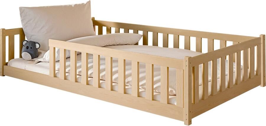 Kids Collective Kinderbed Vloerbed 120x200 cm Bed met uitvalbescherming & lattenbodem Montessoribed Kinderledikant Jeugdbed Eenpersoonsbed optioneel met matras natuurlijk massief grenenhout jongen meisje