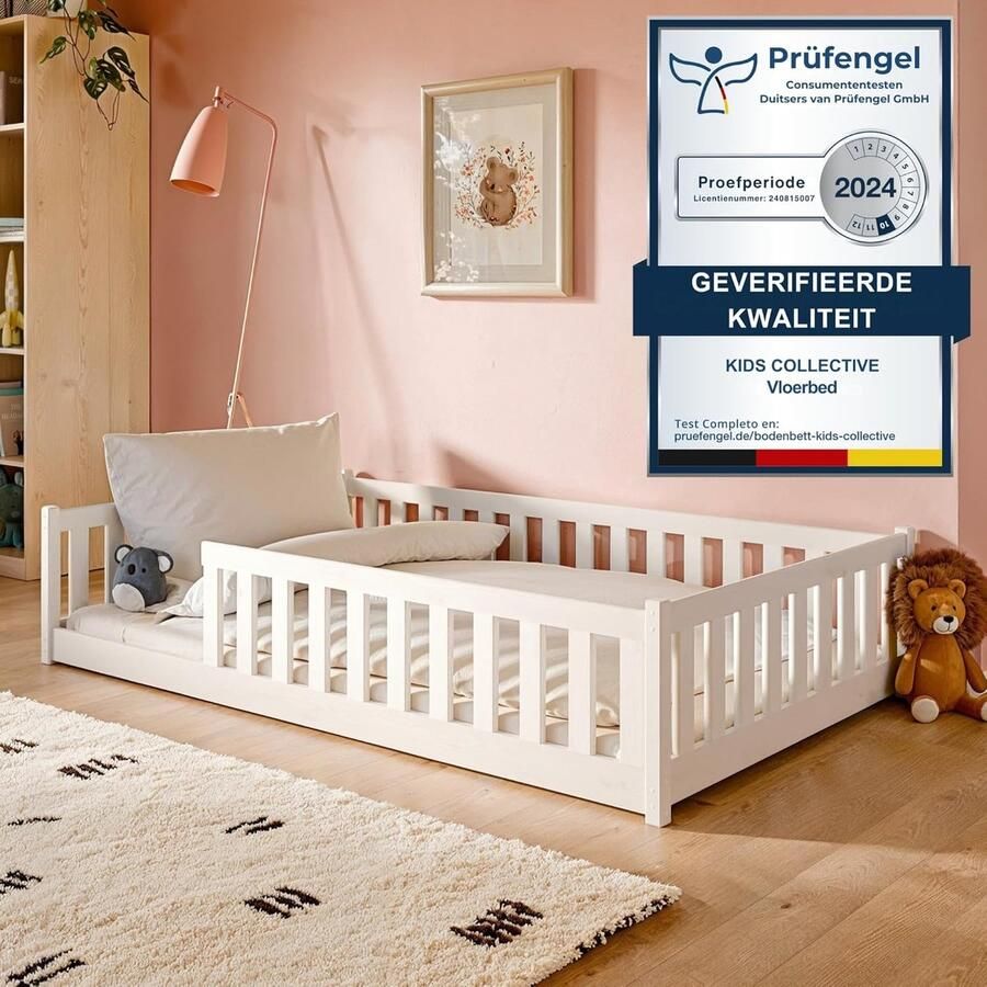 Kids Collective Kinderbed Vloerbed 120x200 cm met matras uitvalbescherming & lattenbodem Montessoribed Kinderbed Jeugdbed Eenpersoonsbed wit andere maten 80x160 90x200 140x200 cm