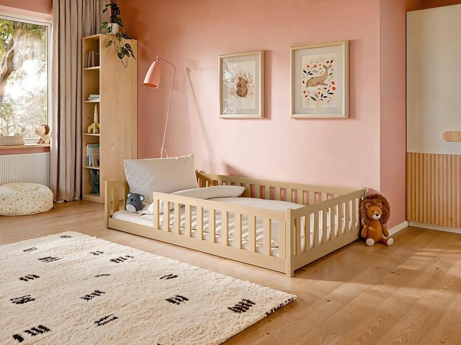 Kids Collective Kinderbed Vloerbed 120x200 cm met matras uitvalbescherming & lattenbodem Montessoribed Bed Kinderledikant Jeugdbed Eenpersoonsbed naturel andere maten 80x160 90x200 140x200 cm
