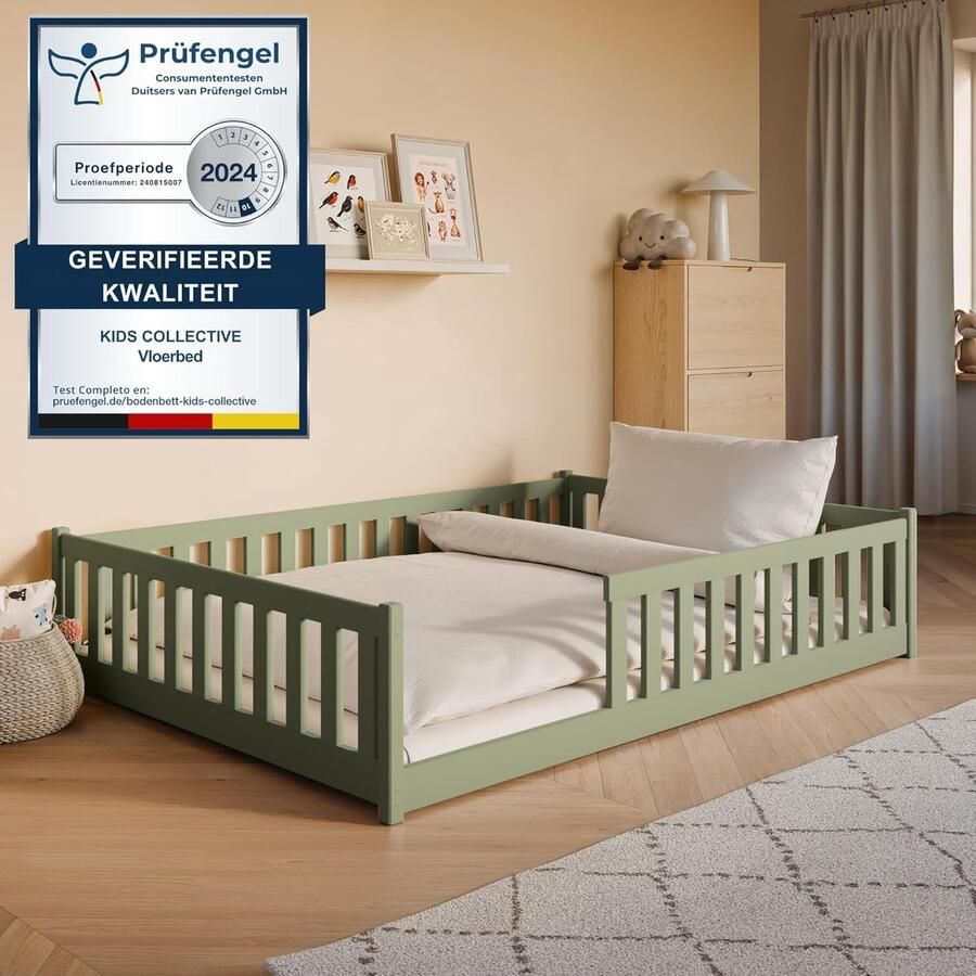 Kids Collective Kinderbed Vloerbed 140x200 cm Bed met uitvalbescherming & lattenbodem Montessoribed Kinderledikant Jeugdbed Eenpersoonsbed optioneel met matras wit massief grenenhout jongen meisje