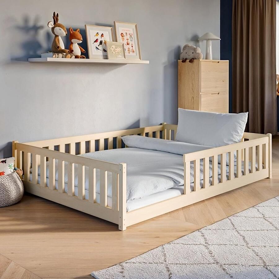 Kids Collective Kinderbed Vloerbed 140x200 cm Bed met uitvalbescherming & lattenbodem Montessoribed Kinderledikant Jeugdbed Eenpersoonsbed optioneel met matras natuurlijk massief grenenhout jongen meisje