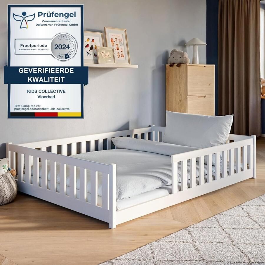 Kids Collective Kinderbed Vloerbed 140x200 cm Bed met uitvalbescherming & lattenbodem Montessoribed Kinderledikant Jeugdbed Eenpersoonsbed optioneel met matras wit massief grenenhout jongen meisje
