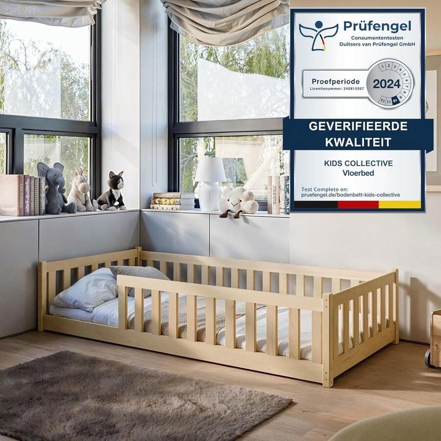 Kids Collective Kinderbed Vloerbed 80x180 cm Bed met uitvalbescherming & lattenbodem Montessoribed Kinderledikant Jeugdbed Eenpersoonsbed optioneel met matras natuurlijk massief grenenhout jongen meisje