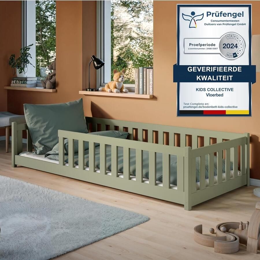 Kids Collective Kinderbed Vloerbed 90x200 cm met matras en uitvalbeveiliging & lattenbodem Montessori-bed Kinderbed voor tieners Eenpersoonsbed olijfgroen andere maten 80x160 120x200 140x200 cm - Foto 2