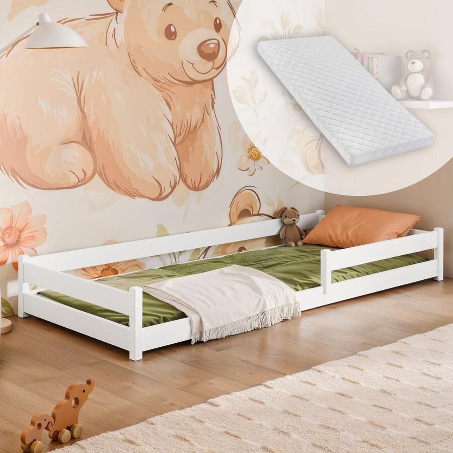Kids Collective Kinderbed Vloerbed 80x160 cm met uitvalbescherming & lattenbodem Montessoribed Kinderbed Kinderjeugdbed Eenpersoonsbed inclusief matras wit andere maten 90x190 I 90x200 I 120x200 140x200 cm