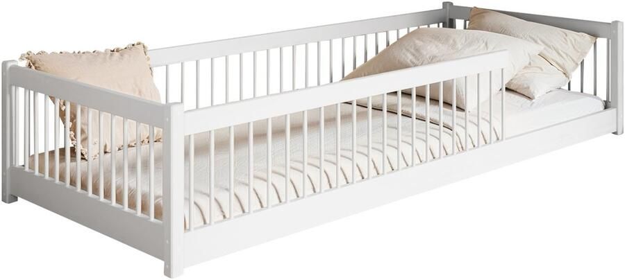Kids Collective Kinderbed Vloerbed 90x200 cm bed met matras uitvalbescherming & lattenbodem Montessoribed Bed kinderbed jeugdbed eenpersoonsbed complete set wit design massief grenenhout jongen meisje - Foto 2