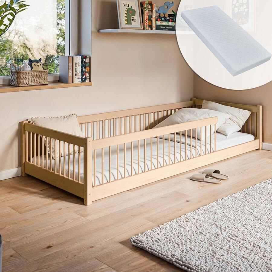 Kids Collective Kinderbed Vloerbed 90x200 cm Bed met matras uitvalbescherming & lattenbodem Montessoribed Bed kinderbed Jeugdbed Eenpersoonsbed complete set natuurlijk design massief grenenhout jongen meisje
