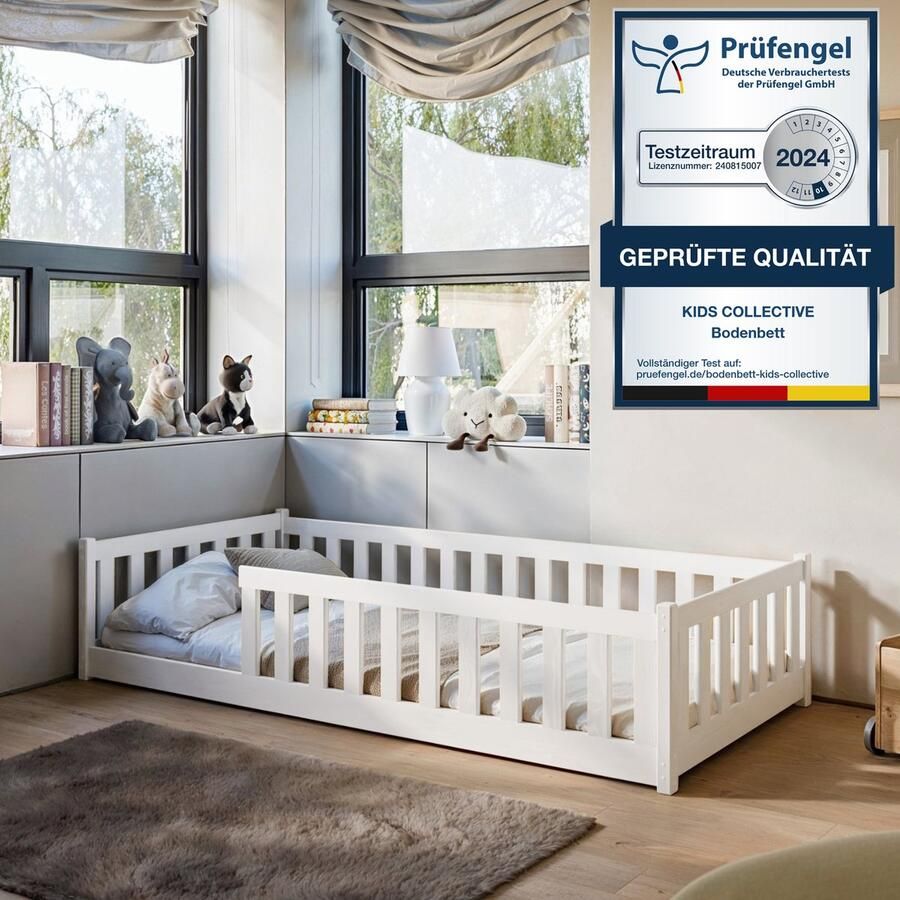 Kids Collective Kinderbed Vloerbed 120x200 cm Bed met uitvalbescherming & lattenbodem Montessoribed Kinderledikant Jeugdbed Eenpersoonsbed optioneel met matras wit massief grenenhout jongen meisje