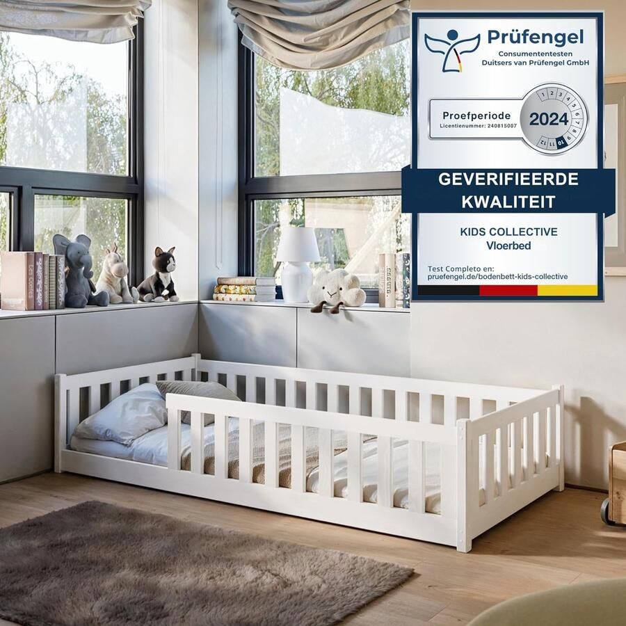 Kids Collective Kinderbed Vloerbed 80x160 cm Bed met uitvalbeveiliging & lattenbodem Montessoribed Kinderledikant Jeugdbed Eenpersoonsbed optioneel met matras wit massief grenenhout jongen meisje