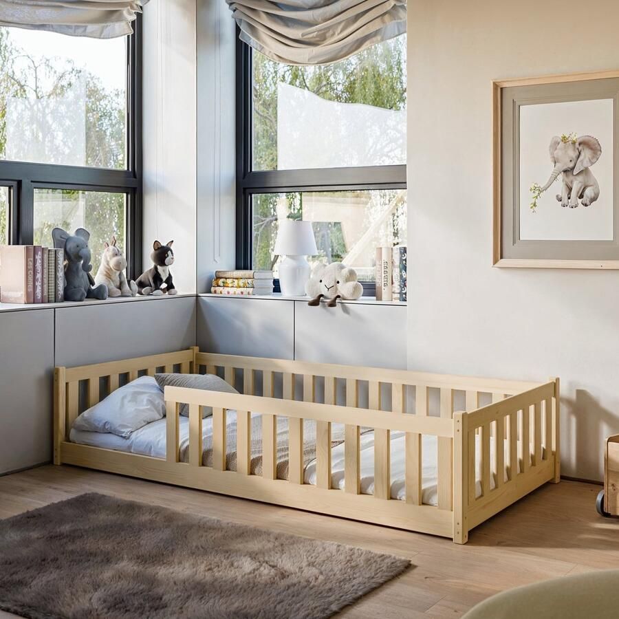 Kids Collective Kinderbed Vloerbed 90x200 cm Bed met uitvalbescherming & lattenbodem Montessoribed Kinderledikant Jeugdbed Eenpersoonsbed optioneel met matras natuurlijk massief grenenhout jongen meisje