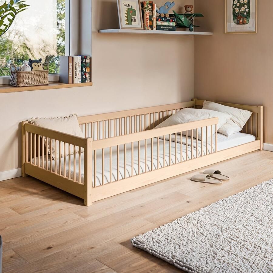 Kids Collective Kinderbed Vloerbed 90x200 cm Bed met uitvalbescherming & lattenbodem Montessoribed Kinderledikant Jeugdbed Eenpersoonsbed optioneel met matras natuurlijk design massief grenenhout jongen meisje