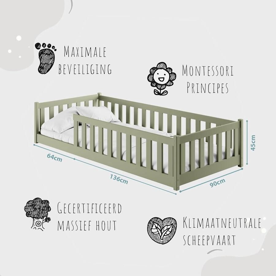 Kids Collective Kinderbed Vloerbed 90x200 cm met matras en uitvalbeveiliging & lattenbodem Montessori-bed Kinderbed voor tieners Eenpersoonsbed olijfgroen andere maten 80x160 120x200 140x200 cm