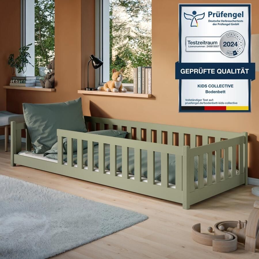 Kids Collective Kinderbed Vloerbed 80x180 cm met uitvalbescherming & lattenbodem Montessoribed Kinderbed Kinderjeugdbed Eenpersoonsbed optioneel met matras Olijfgroen andere maten 80x160 90x200 120x200 140x200 cm