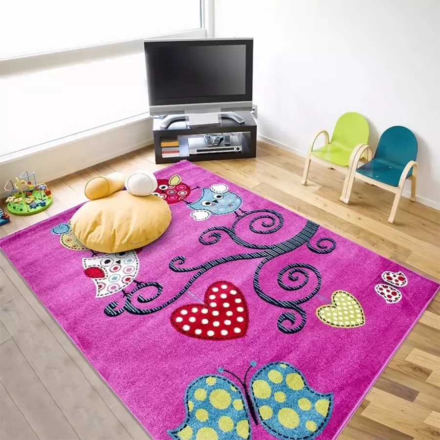 Tapeso Kindervloerkleed Vlinder & Vogel Lila 120x170 cm