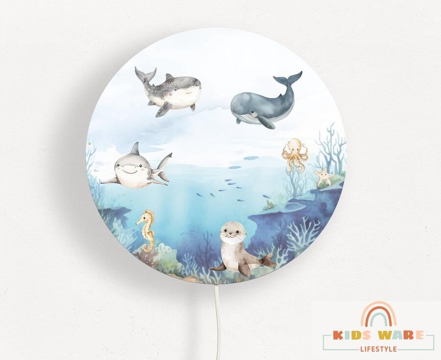 Kids-ware Lifestyle Wandlamp Rond DeepSea Cuties Kinderkamer verlichting Haai & Walvis ø 40 cm Wandlamp Verlichting Onderwater thema Kinderkamer wandlamp Babykamer wandlamp Zeedieren