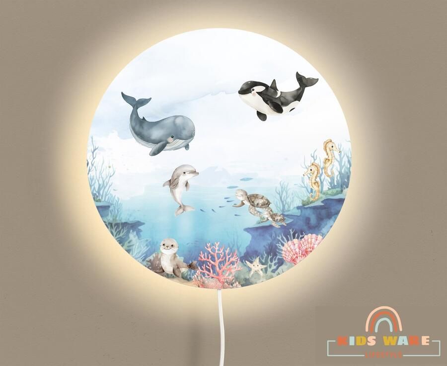 Kids-ware Lifestyle Wandlamp Rond DeepSea Cuties Kinderkamer verlichting Orka & Walvis ø 40 cm Wandlamp Verlichting Onderwater thema Kinderkamer wandlamp Babykamer wandlamp Zeedieren