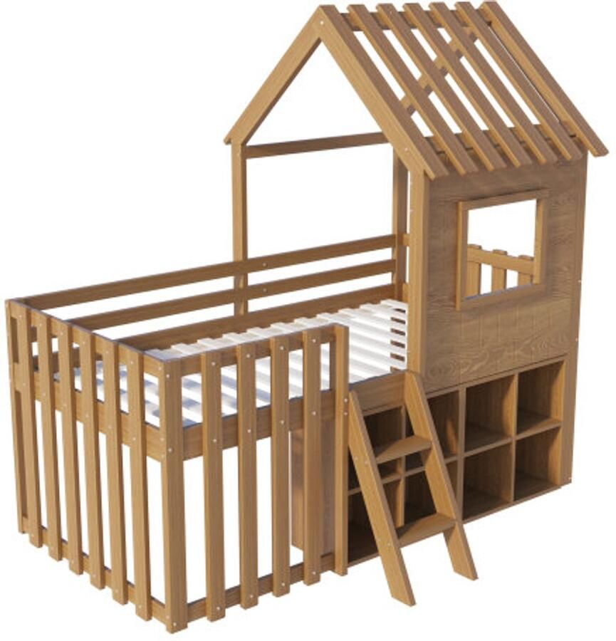 Kidsbeds Kinderhuisbed Halfhoogslaper 90x200cm met dak en raam met open opbergruimte met klimladder zonder matras natuur