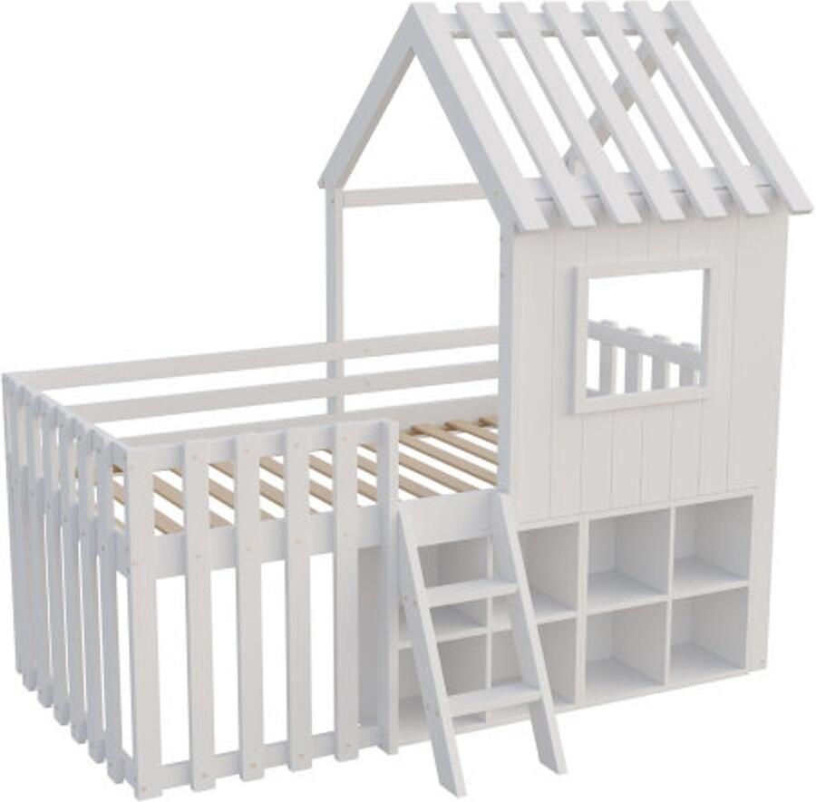 Kidsbeds Kinderhuisbed Halfhoogslaper 90x200cm met dak en raam met open opbergruimte met klimladder zonder matras wit
