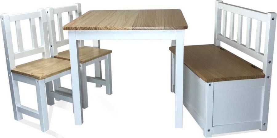 Kidsidee Kindertafel met kinderstoelen en kinderbankje met opbergruimte. Tafel voor kinderen met klepbankje. Speeltafel Knutseltafel en speelgoedkist voor jongens en meisjes