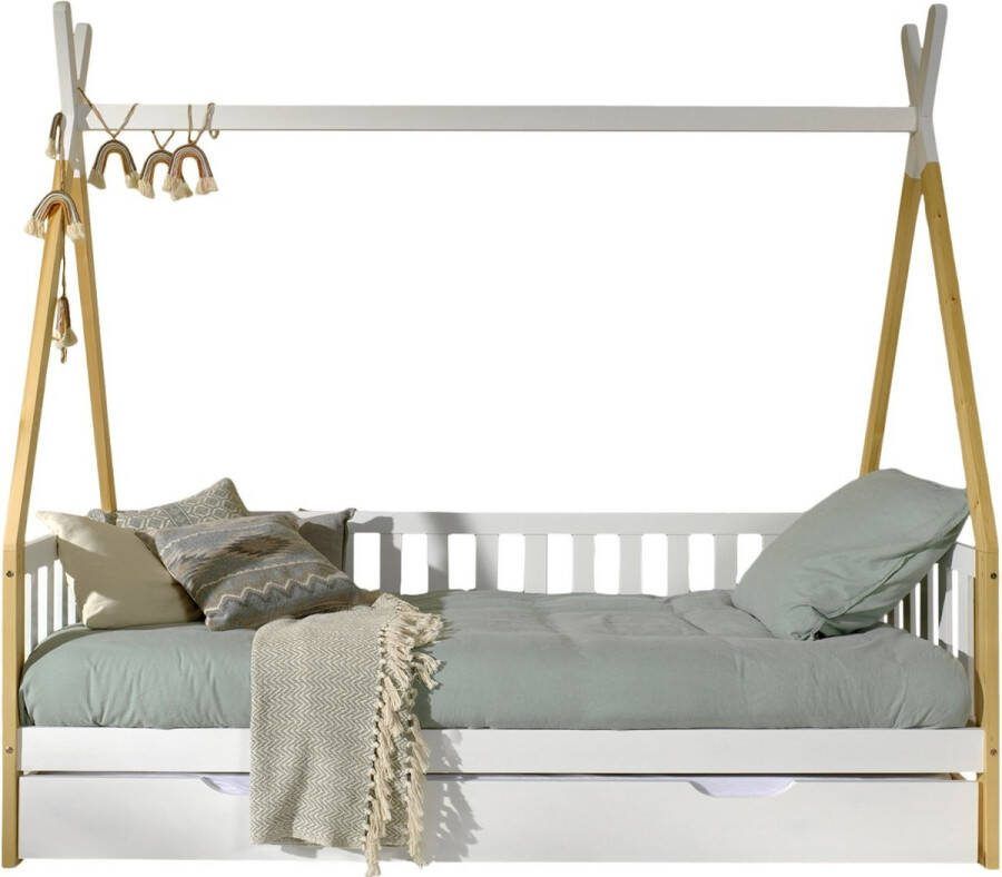 Vipack Tipibed 90 x met hekje en bedlade dennenhout 90x200 Wit - Foto 2