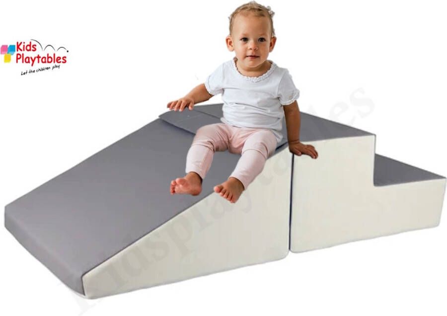 Kidsplaytables Zachte Soft Play Foam Blokken 2-delige set glijbaan Grijs-Wit grote speelblokken motoriek baby speelgoed foamblokken reuze bouwblokken Soft play peuter speelgoed schuimblokken