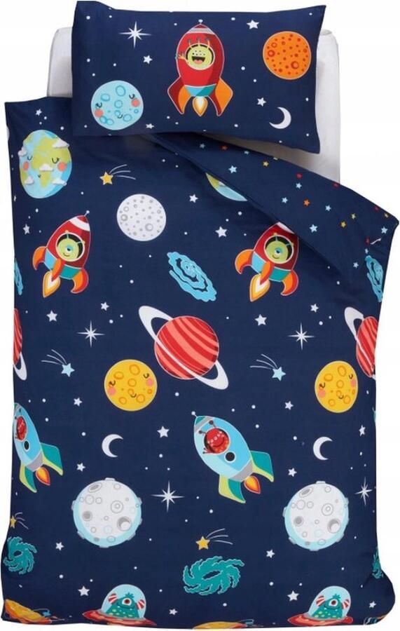 Kidz Junior Dekbedovertrek Space Glow in the Dark 120x150 – Kinder Dekbedovertrek Peuterbed – Ruimtevaart – Blauw – Incl. Kussensloop