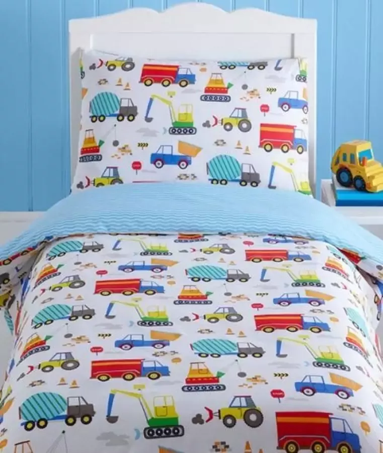 Kidz Peuterdekbedovertrek vrachtautos bulldozers graafwerktuigen 150 x 120 cm voor juniorbed