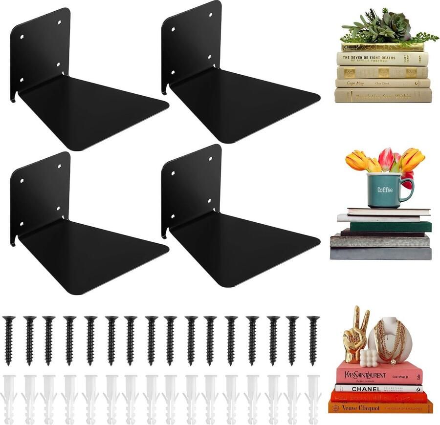 Kilkuran Innovatieve Zwevende Metaalboekenkasten voor Moderne Interieurstijl Set van 4 Zwart