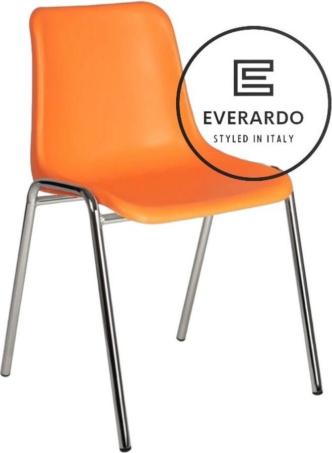 King of Chairs model KoC Everardo oranje met verchroomd onderstel. Kantinestoel stapelstoel kuipstoel vergaderstoel tuinstoel kantine stoel stapel kantinestoelen stapelstoelen kuipstoelen stapelbare keukenstoel Helene eetkamerstoel