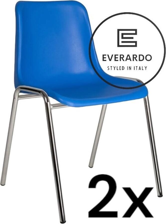 King of Chairs -set van 2- model KoC Everardo blauw met verchroomd onderstel. Kantinestoel stapelstoel kuipstoel vergaderstoel tuinstoel kantine stoel stapel kantinestoelen stapelstoelen kuipstoelen stapelbare keukenstoel Helene eetkamerstoel