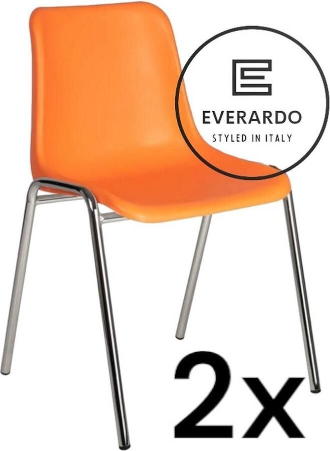 King of Chairs -set van 2- model KoC Everardo oranje met verchroomd onderstel. Kantinestoel stapelstoel kuipstoel vergaderstoel tuinstoel kantine stoel stapel kantinestoelen stapelstoelen kuipstoelen stapelbare keukenstoel Helene eetkamerstoel