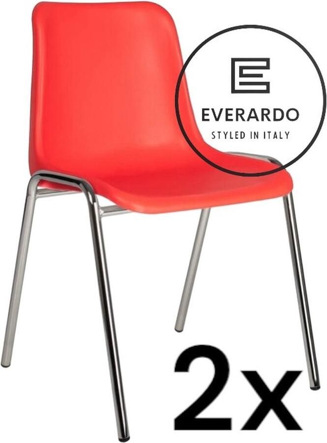 King of Chairs -set van 2- model KoC Everardo rood met verchroomd onderstel. Kantinestoel stapelstoel kuipstoel vergaderstoel tuinstoel kantine stoel stapel kantinestoelen stapelstoelen kuipstoelen stapelbare keukenstoel Helene eetkamerstoel
