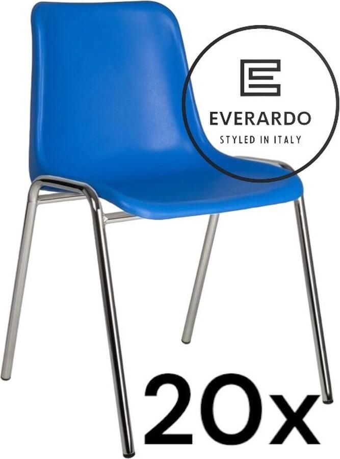 King of Chairs -set van 20- model KoC Everardo blauw met verchroomd onderstel. Kantinestoel stapelstoel kuipstoel vergaderstoel tuinstoel kantine stoel stapel kantinestoelen stapelstoelen kuipstoelen stapelbare keukenstoel Helene eetkamerstoel