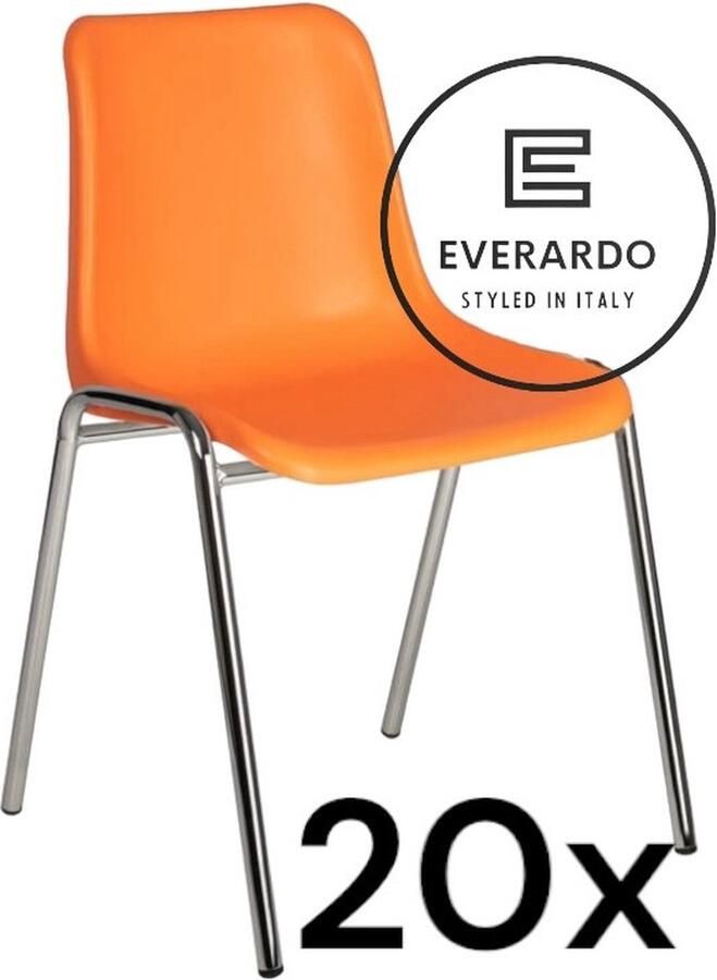King of Chairs -set van 20- model KoC Everardo oranje met verchroomd onderstel. Kantinestoel stapelstoel kuipstoel vergaderstoel tuinstoel kantine stoel stapel kantinestoelen stapelstoelen kuipstoelen stapelbare keukenstoel Helene eetkamerstoel