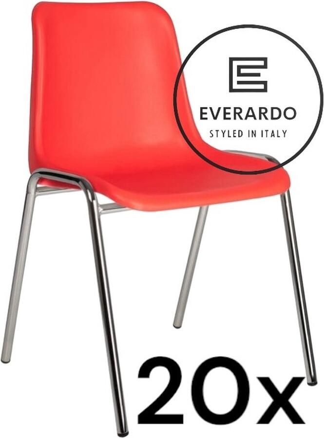 King of Chairs -set van 20- model KoC Everardo rood met verchroomd onderstel. Kantinestoel stapelstoel kuipstoel vergaderstoel tuinstoel kantine stoel stapel kantinestoelen stapelstoelen kuipstoelen stapelbare keukenstoel Helene eetkamerstoel