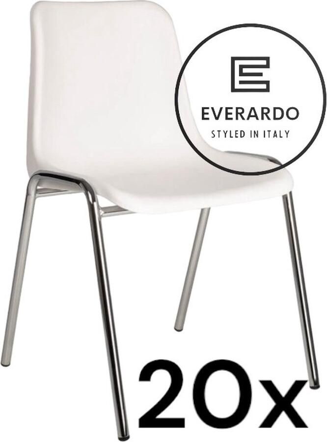 King of Chairs -set van 20- model KoC Everardo wit met verchroomd onderstel. Kantinestoel stapelstoel kuipstoel vergaderstoel tuinstoel kantine stoel stapel kantinestoelen stapelstoelen kuipstoelen stapelbare keukenstoel Helene eetkamerstoel