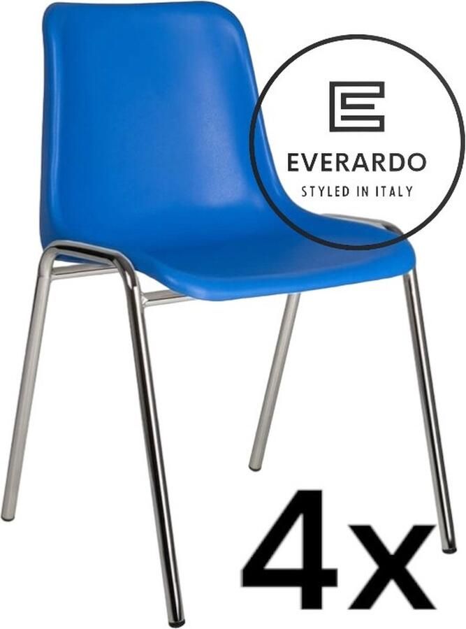 King of Chairs -set van 4- model KoC Everardo blauw met verchroomd onderstel. Kantinestoel stapelstoel kuipstoel vergaderstoel tuinstoel kantine stoel stapel kantinestoelen stapelstoelen kuipstoelen stapelbare keukenstoel Helene eetkamerstoel