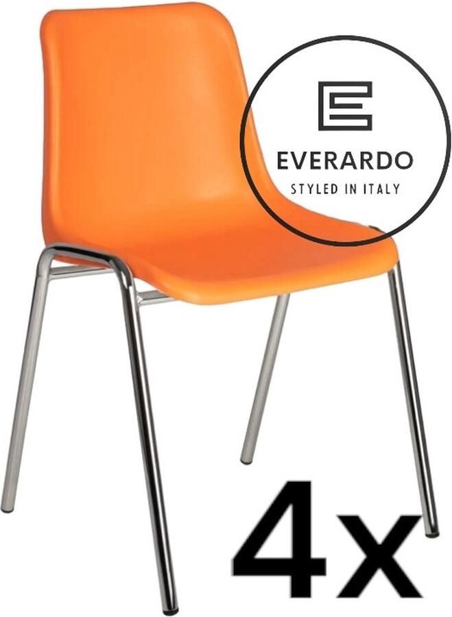 King of Chairs -set van 4- model KoC Everardo oranje met verchroomd onderstel. Kantinestoel stapelstoel kuipstoel vergaderstoel tuinstoel kantine stoel stapel kantinestoelen stapelstoelen kuipstoelen stapelbare keukenstoel Helene eetkamerstoel