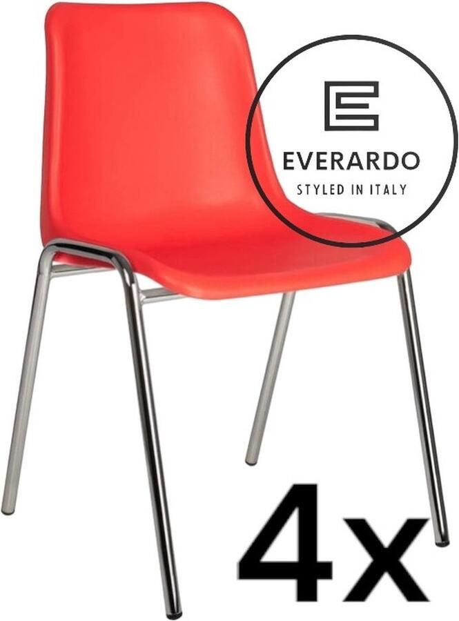 King of Chairs -set van 4- model KoC Everardo rood met verchroomd onderstel. Kantinestoel stapelstoel kuipstoel vergaderstoel tuinstoel kantine stoel stapel kantinestoelen stapelstoelen kuipstoelen stapelbare keukenstoel Helene eetkamerstoel