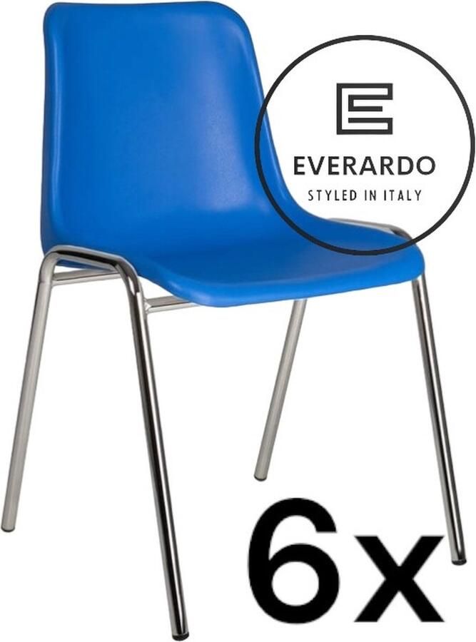 King of Chairs -set van 6- model KoC Everardo blauw met verchroomd onderstel. Kantinestoel stapelstoel kuipstoel vergaderstoel tuinstoel kantine stoel stapel kantinestoelen stapelstoelen kuipstoelen stapelbare keukenstoel Helene eetkamerstoel