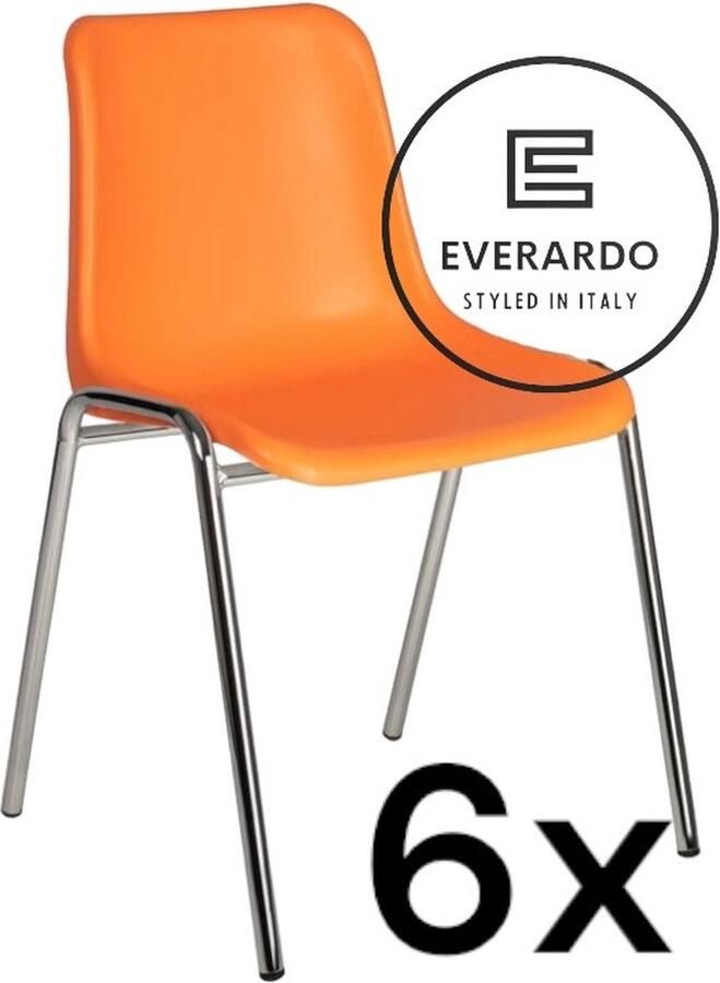 King of Chairs -set van 6- model KoC Everardo oranje met verchroomd onderstel. Kantinestoel stapelstoel kuipstoel vergaderstoel tuinstoel kantine stoel stapel kantinestoelen stapelstoelen kuipstoelen stapelbare keukenstoel Helene eetkamerstoel