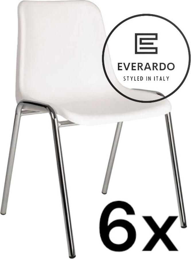 King of Chairs -set van 6- model KoC Everardo wit met verchroomd onderstel. Kantinestoel stapelstoel kuipstoel vergaderstoel tuinstoel kantine stoel stapel kantinestoelen stapelstoelen kuipstoelen stapelbare keukenstoel Helene eetkamerstoel