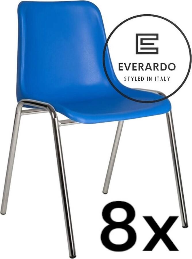 King of Chairs -set van 8- model KoC Everardo blauw met verchroomd onderstel. Kantinestoel stapelstoel kuipstoel vergaderstoel tuinstoel kantine stoel stapel kantinestoelen stapelstoelen kuipstoelen stapelbare keukenstoel Helene eetkamerstoel