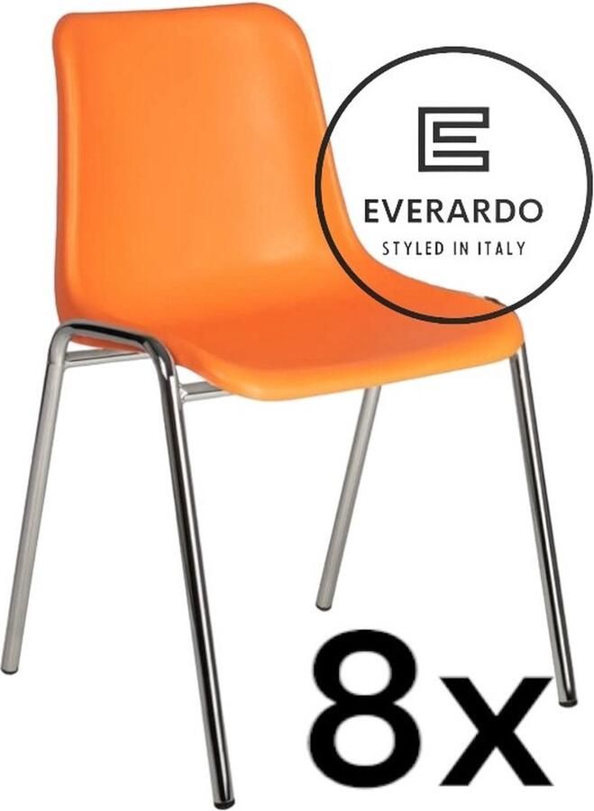 King of Chairs -set van 8- model KoC Everardo oranje met verchroomd onderstel. Kantinestoel stapelstoel kuipstoel vergaderstoel tuinstoel kantine stoel stapel kantinestoelen stapelstoelen kuipstoelen stapelbare keukenstoel Helene eetkamerstoel