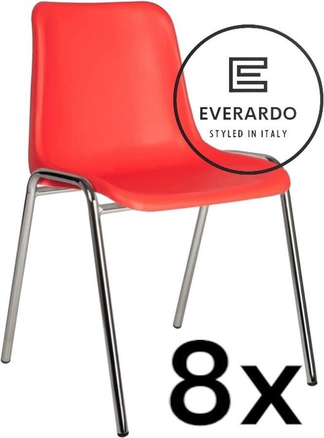 King of Chairs -set van 8- model KoC Everardo rood met verchroomd onderstel. Kantinestoel stapelstoel kuipstoel vergaderstoel tuinstoel kantine stoel stapel kantinestoelen stapelstoelen kuipstoelen stapelbare keukenstoel Helene eetkamerstoel