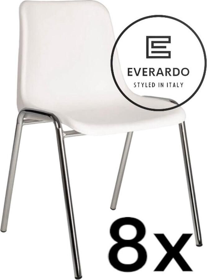 King of Chairs -set van 8- model KoC Everardo wit met verchroomd onderstel. Kantinestoel stapelstoel kuipstoel vergaderstoel tuinstoel kantine stoel stapel kantinestoelen stapelstoelen kuipstoelen stapelbare keukenstoel Helene eetkamerstoel