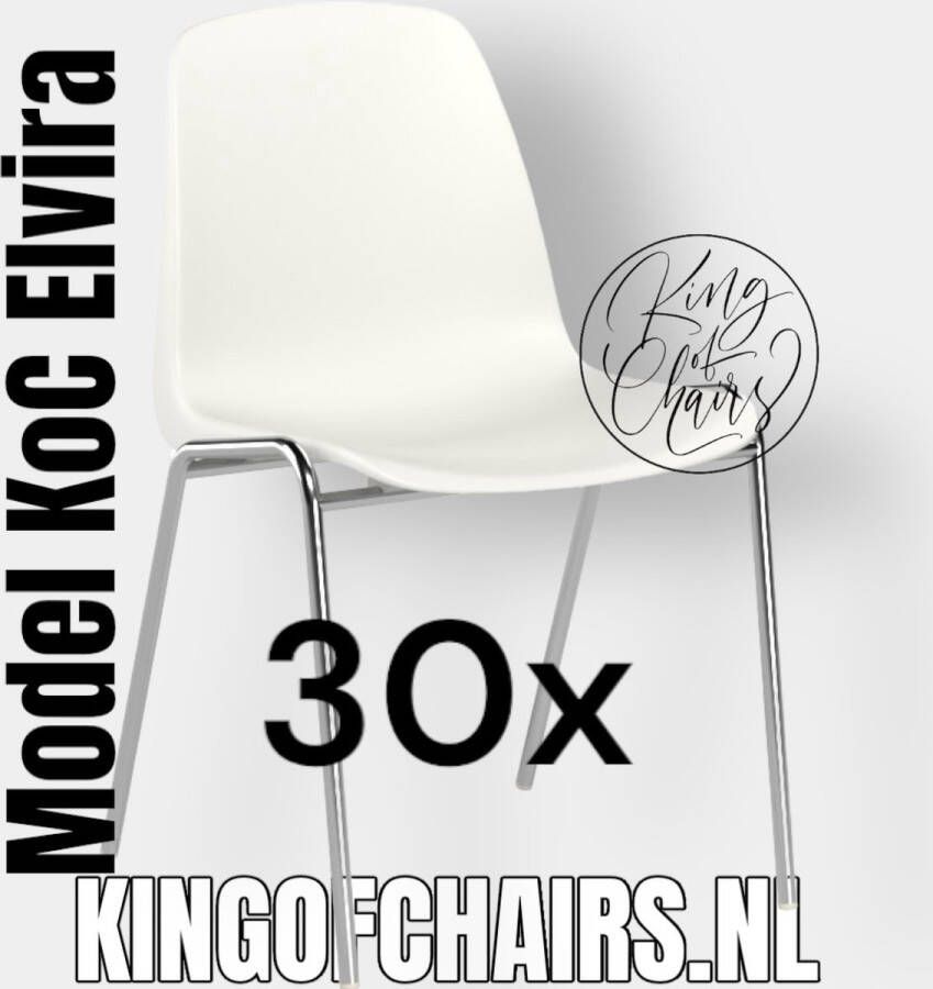 King of Chairs -set van 30- model KoC Elvira wit met verchroomd onderstel. Kantinestoel stapelstoel kuipstoel vergaderstoel tuinstoel kantine stapel stoel kantinestoelen stapelstoelen kuipstoelen arenastoel kerkstoel Helene schoolstoel bezoekersstoel